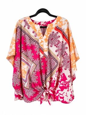 Chicos Bright Pink & Orange Paisley Tie-Front Top-2 (12/14) Oversized Dolman